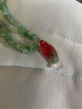 Handmade Green Beaded Necklace with Red-to-Clear Glass Fish Pendant